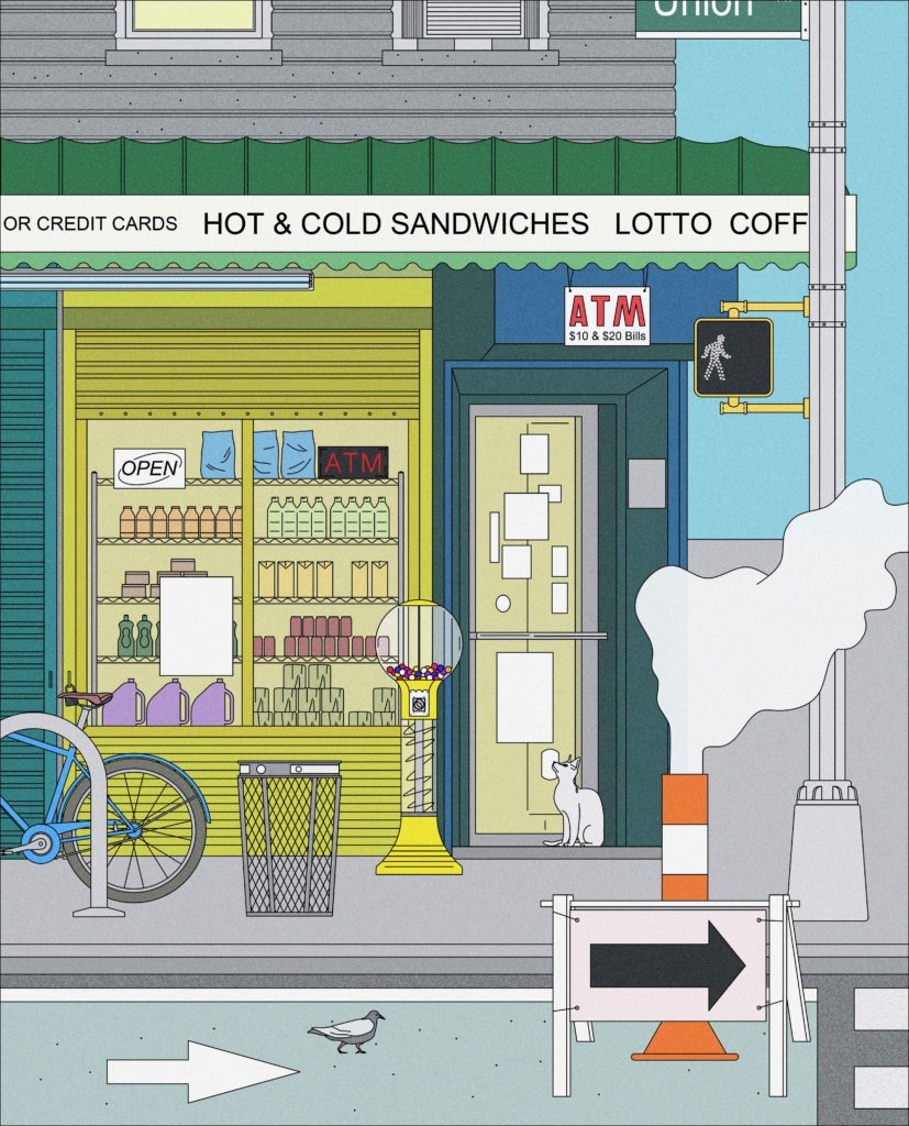 A bodega's storefront with awning saying “Lotto”, an “ATM” sign, and a cat by the door